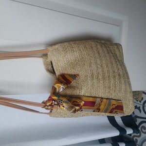 Woven Boho Straw Bag with Scarf Accent